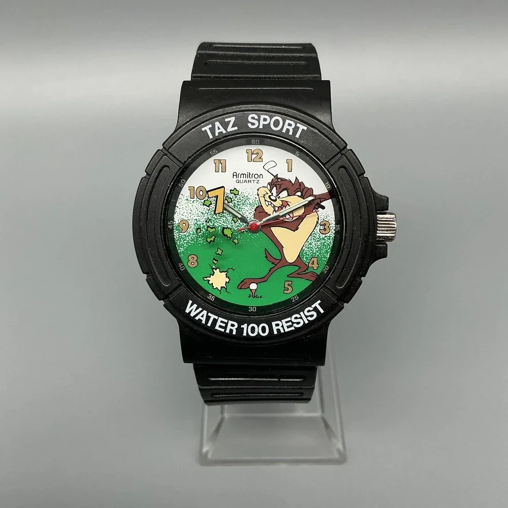 Vintage Armitron Taz Boys Watch 36mm Looney Tunes Black Rubber Sport New Battery
